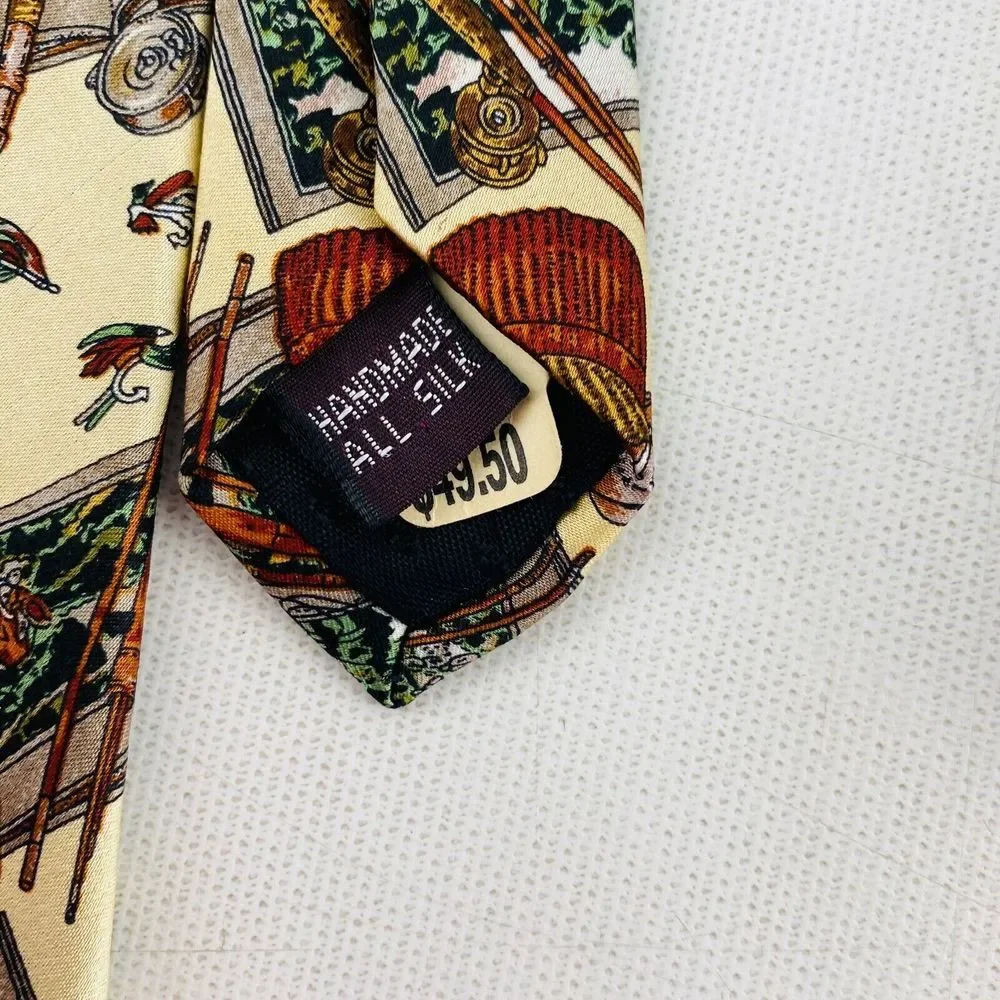 Museum Artifacts Fly Fishing Tie 100% Silk‎ Necktie Basket Rod Reel Lures